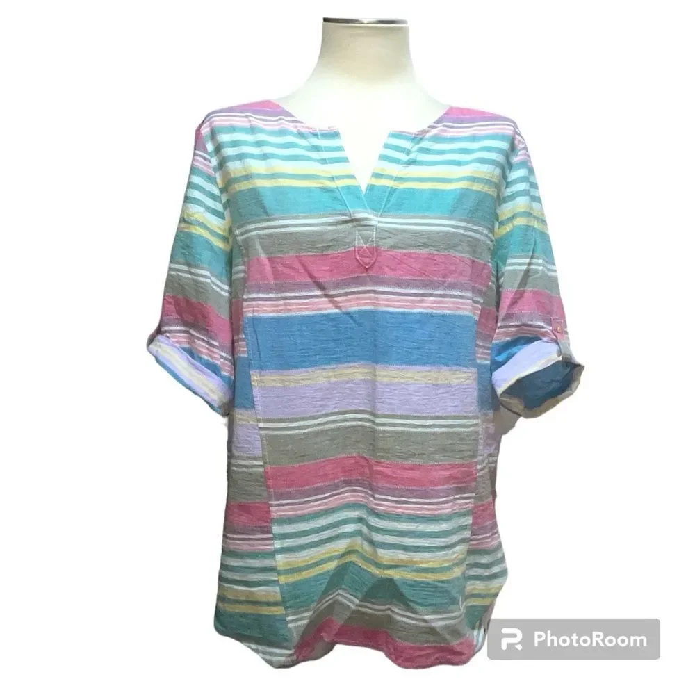 Westbound Colorful Rainbow Striped Cotton Blouse Top V Neck Size XL